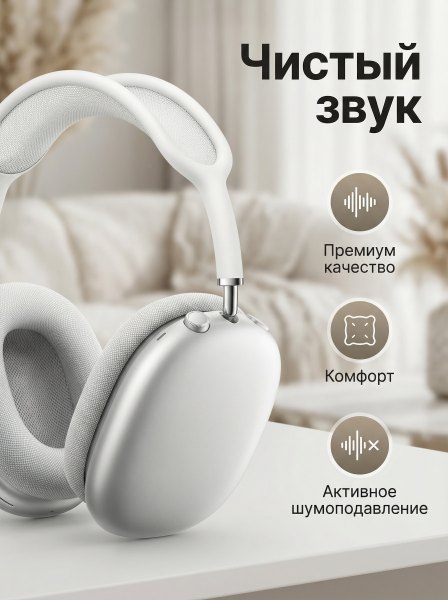 Слайд: накладные наушники, «Чистый звук», премиум качество и активное шумоподавление